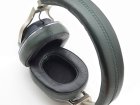 Oppo PM3 handcrafted custom whole grain real leather headband and ear pads cushions filled with natural latex foam, midnight black with british racing green